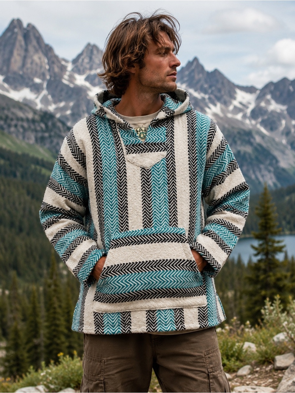 Baja Joe Pullover Baja Hoodie | Mexican Blanket Hoodie | Large Turquoise Cream